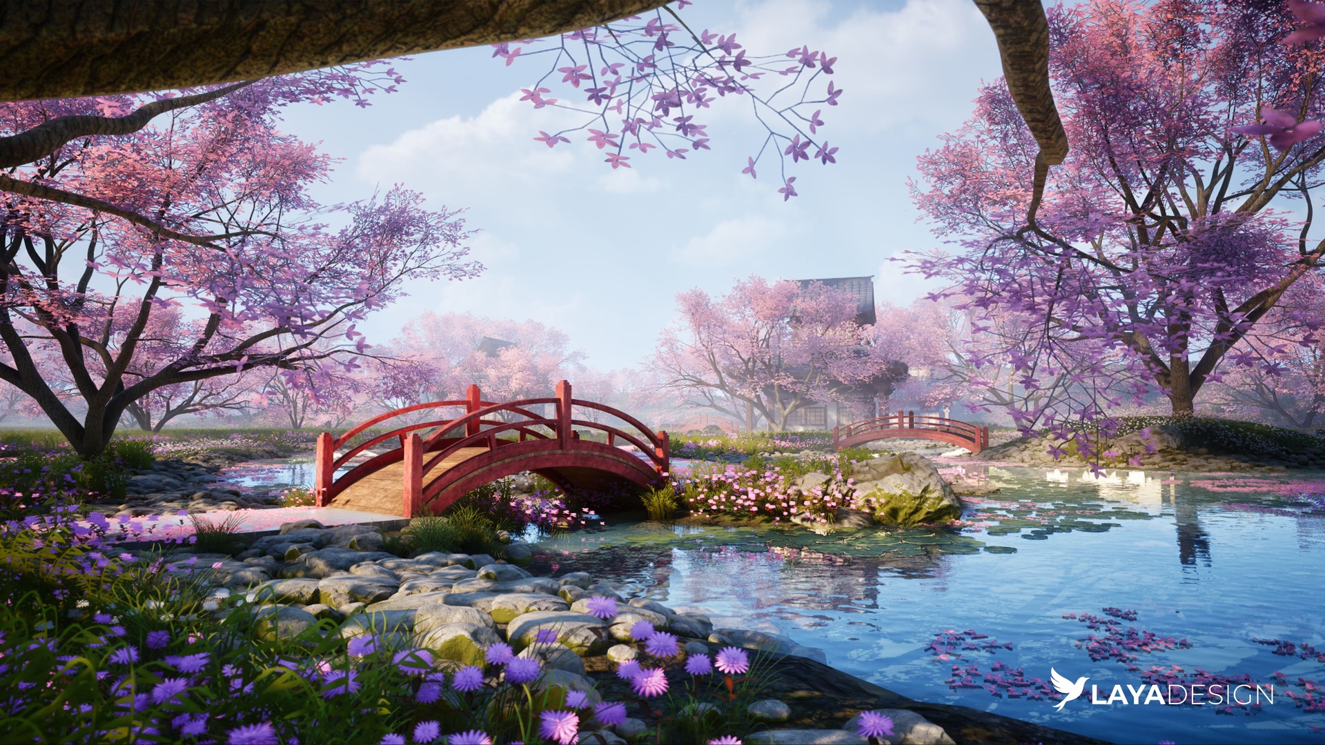 UE5.1中式古风庭院花园林河流小桥樱花道路Asian Sanctuary