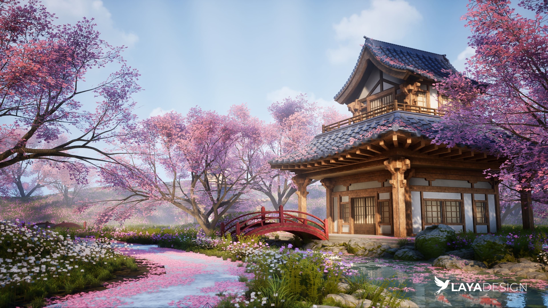 UE5.1中式古风庭院花园林河流小桥樱花道路Asian Sanctuary